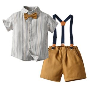 Kids Toddler Boys Party Casual British Style Bows Short Sleeve Lapel Shirt Suspender Pants Sets
