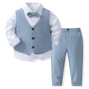 Kids Toddler Boys Party Casual British Style Bows Vest Long-Sleeved Lapel Shirt Trousers Sets