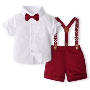 Kids Toddler Boys Party Casual British Style Bows Short Sleeve Lapel Shirt Suspender Pants Sets