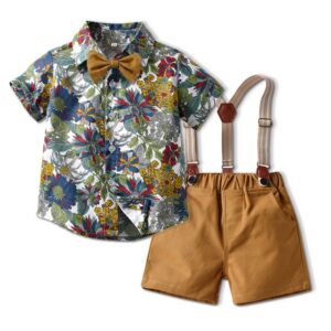 Kids Toddler Boys Party Casual British Style Bows Short Sleeve Lapel Shirt Suspender Pants Sets