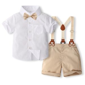 Kids Toddler Boys Party Casual British Style Bows Short Sleeve Lapel Shirt Suspender Pants Sets
