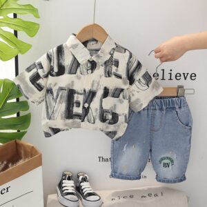 Kids Toddler Boys Casual Alphabet Print Short Sleeve Lapel Shirt Jeans Sets