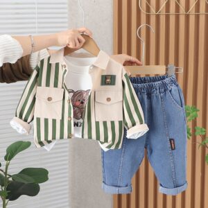 Kids Toddler Boys Fashion Casual Cartoon Stripe Print T-Shirt Long Sleeve Shacket Jeans Three-Piece Set