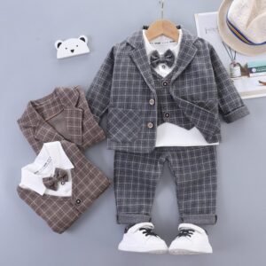 Kids Toddler Boys Party Casual British Style Plaid Print Long Sleeve Coat False Two-Piece Shirt Trousers Set