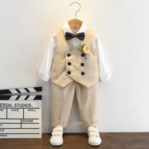 Kids Toddler Big Boys Fashion Casual British Style Solid Color Bow Button Waistcoat Shirt Trousers Party Clothing Set