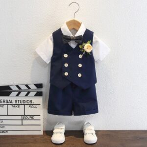 Kids Toddler Big Boys Fashion Casual British Style Solid Color Bow Button Waistcoat Shirt Shorts Party Clothing Set