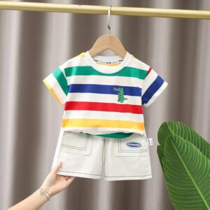 Kids Toddler Boys Casual Cute Rainbow Stripe Crocodile Print Short Sleeve T-Shirt Shorts Set