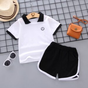 Kids Toddler Boys Casual Cute Smiley Print Short Sleeve Lapel T-Shirt Shorts Set