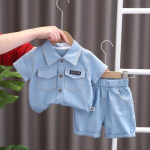 Children Kids Fashion Casual Denim Lapel Short-Sleeved Top And Shorts 2pcs Set