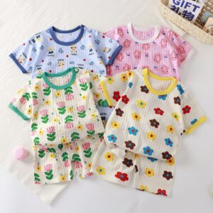 Kids Toddler Boys Girls Summer Casual Cute Cartoon Floral Print Short Sleeve T-Shirt Shorts Set