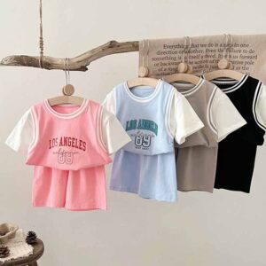 Kids Toddler Boys Girls Casual Cute Letter Print False Two-Piece Short Sleeve T-Shirt Shorts Set