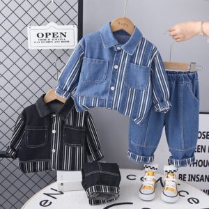 Kids Toddler Boys Fashion Casual Stripe Print Long Sleeve Denim Shirt Jeans Set