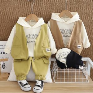 Kids Toddler Boys Fashion Casual Letter Print Long Sleeve Hoodies Vest Trousers Three-Piece Set