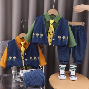 Kids Toddler Boys Fashion Casual Solid Color Long Sleeve Shirt Embroidery Vest Trousers Three-Piece Set