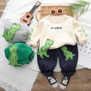 Kids Toddler Boys Fashion Casual Cartoon Dinosaur Pattern Long Sleeve Fleeces Sweatshirts Trousers Set