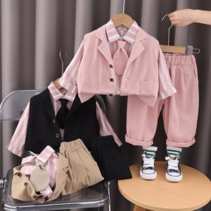 Kids Toddler Boys Fashion Casual Stripe Long Sleeve Shirt Vest Trousers Set