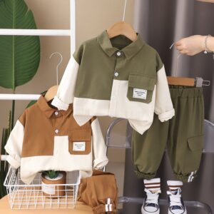 Kids Toddler Boys Fashion Casual Colorblock Long Sleeve Lapel Shirt Trousers Set