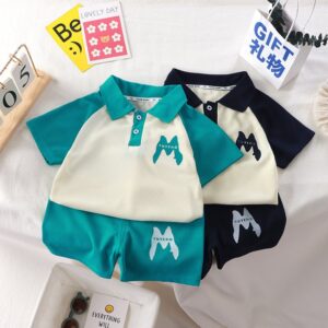 Boys Casual Alphabet Print Lapel Polo Two-Piece Set