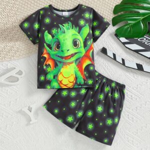 Boy Casual Luminous Cartoon Dinosaur Two-Piece Set