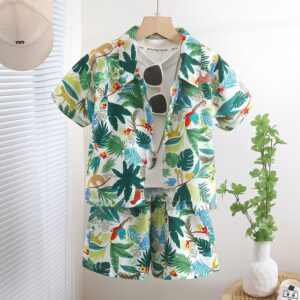 Boy Casual Holiday Leaf Print Shirt Two-Piece Set