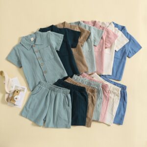 Toddlers Newborn Baby Fashion Boys Casual Short Sleeve Solid Color Lapel Shirt And Shorts 2pcs Set