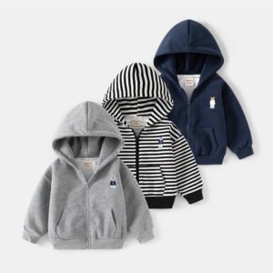 Kids Toddler Boys Autumn Winter Casual Cute Cartoon Stripe Fleece Long Sleeve Zipper Hooded Coat