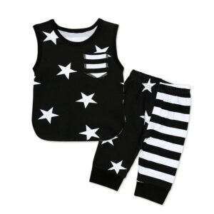 2 Pcs Kid Boy Star Print Patchwork Vests And Pants Set