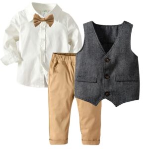Boys Long-sleeves Single-breasted Shirt Vest And Pants With Bow Tie Set