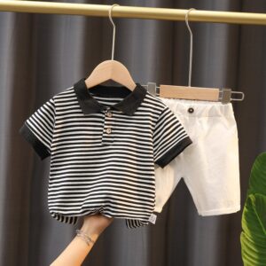 Boys Fashion Lapel Striped T-Shirt And Shorts Set