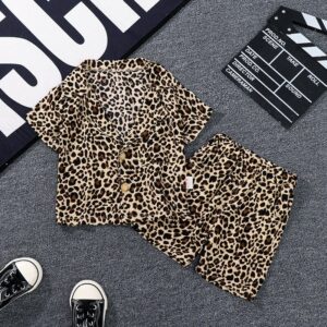 Kids Fashion Single-breasted Leopard Tops And Shorts Set