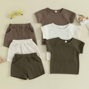 Kids Toddler Boys Girls Casual Cute Waffle Solid Color Short Sleeve T-Shirt Shorts Set