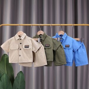 Boys Summer Solid Color Casual Short-Sleeved Shorts Shirts Two-Piece Set
