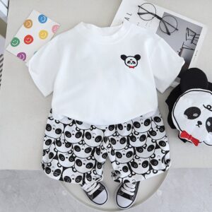 Kids Toddler Boys Casual Cute Cartoon Panda Print Short Sleeve Round Neck T-Shirt Shorts Set