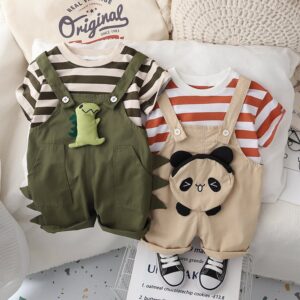 Kids Toddler Boys Casual Cute Stripe Print Short Sleeve Round Neck T-Shirt Cartoon Dinosaur Panda Suspender Pants Set