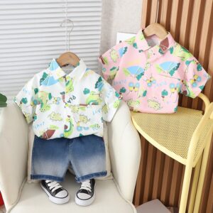 Kids Toddler Boys Casual Cute Cartoon Dinosaur Print Short Sleeve Lapel Shirt Denim Shorts Set