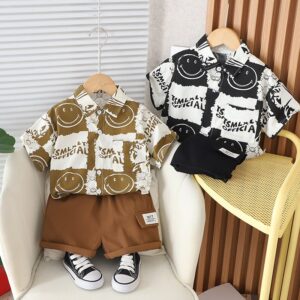Kids Toddler Boys Casual Cute Cartoon Smiley Print Short Sleeve Shirt Shorts Set