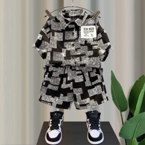 Children Kids Fashion Casual Lapel Printed Short-Sleeved Top And Shorts 2pcs Set