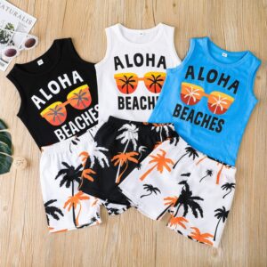 Kids Boys Casual Round Neck Sleeveless Letter Sunglasses Pattern Vest And Coconut Elastic Shorts Set