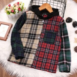Children Kids Toddlers Boys Colorblock Plaid Long-Sleeved Hooded Shirts