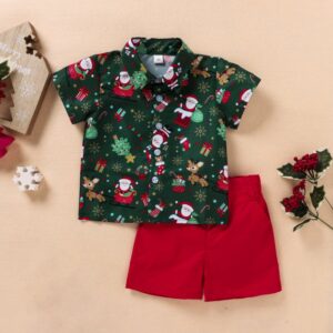 Kids Toddler Boy Fashion Santa Print Short Sleeve Shirt Solid Shorts Two Piece Set