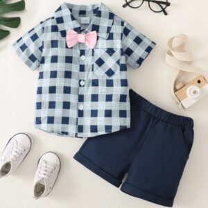 Children Kids Baby Fashion Boys Plaid Print Short Sleeve Top And Solid Color Shorts 2pcs Set