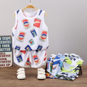 Boys Sporty Round Neck Sleeveless Hollow Out All Over Print T-Shirt And Shorts Quick Dry Set