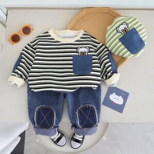 Kids Toddler Boys Fashion Casual Stripe Cartoon Print Long Sleeve Sweatshirts Jeans Set