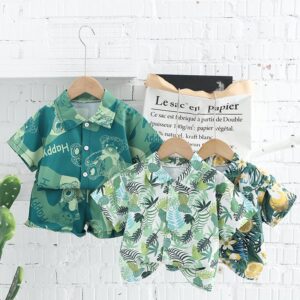 Kids Toddler Boys Fashion Casual Cartoon Floral Print Short Sleeve Lapel Shirt Shorts Set