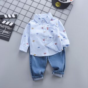 Kids Toddler Boys Fashion Casual Cartoon Print Long Sleeve Lapel Shirt Jeans Set