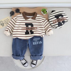 Kids Toddler Boys Fashion Casual Cute Stripe Letters Print Long Sleeve Lapel Sweatshirts Jeans Set
