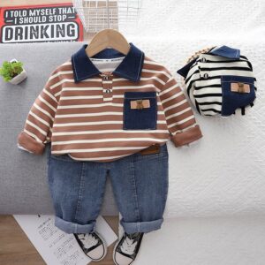 Kids Toddler Boys Fashion Casual Cute Stripe Print Long Sleeve Lapel Sweatshirts Jeans Set