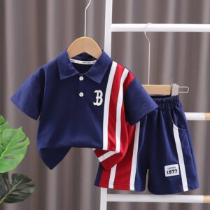 Kids Toddler Boys Fashion Casual Letter Stripe Short Sleeve Lapel Polo Shirt Shorts Set
