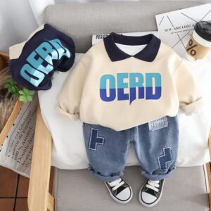 Kids Toddler Boys Casual Cute Letters Print Long Sleeve Lapel Sweatshirts Jeans Set
