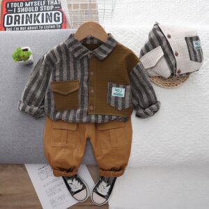 Kids Toddler Boys Fashion Casual Colorblock Stripe Long Sleeve Lapel Shirt Trousers Set